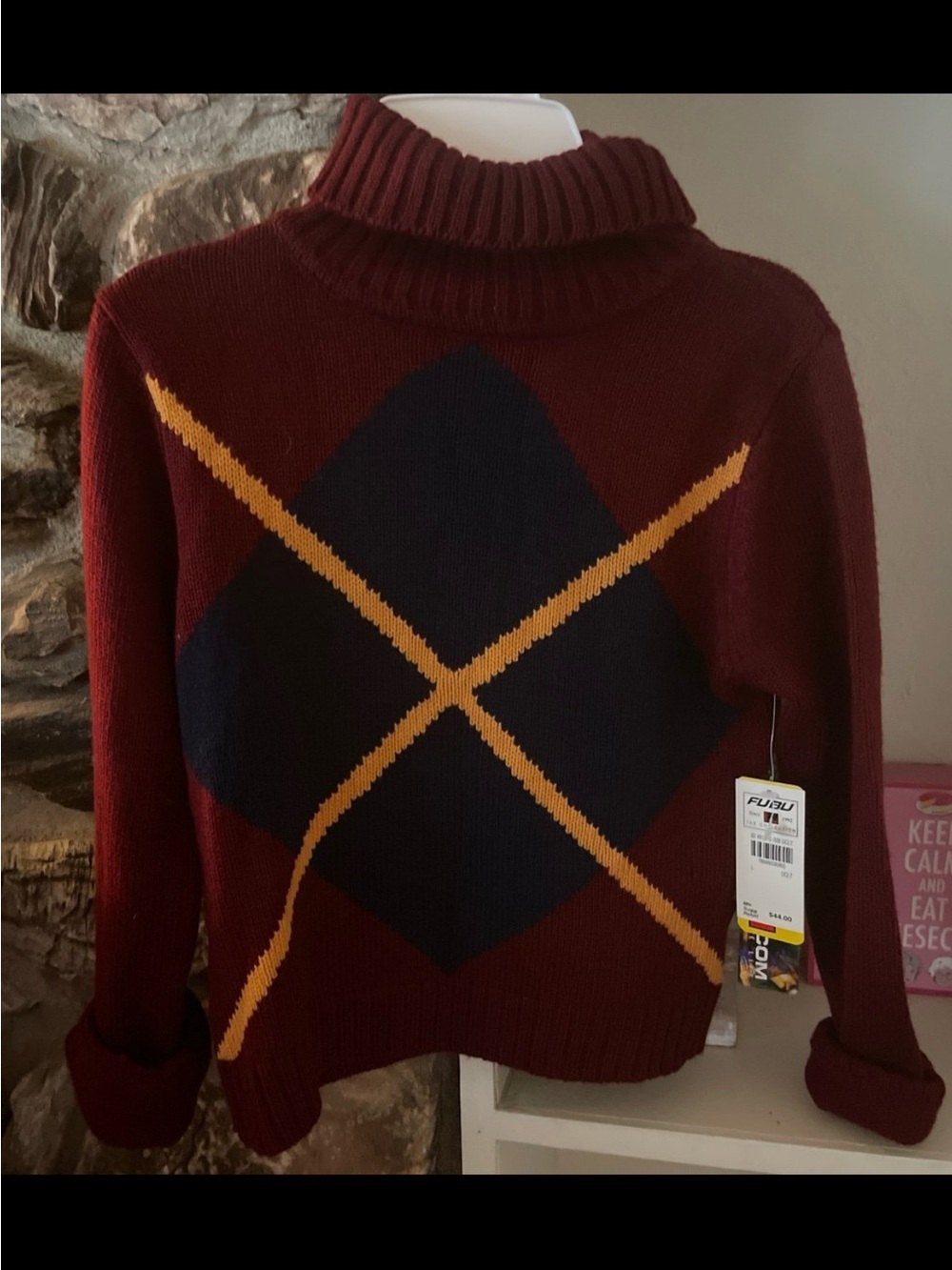 NWT FUBU The Collection Girls Argyle Turtleneck Sweater Burgundy Sz L Vintage